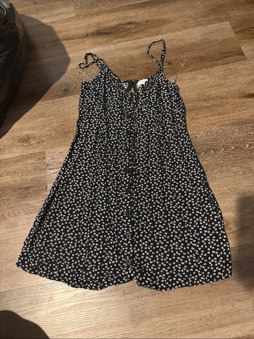 Black Floral Button-Front Sundress with Spaghetti Straps
